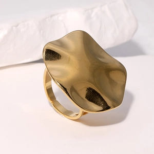 Minimalist gold stainless steel ring with irregular wave design and liquid metal finish