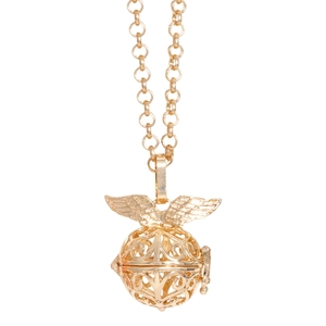 Vintage gold wing locket pendant necklace with hollow pattern on white background