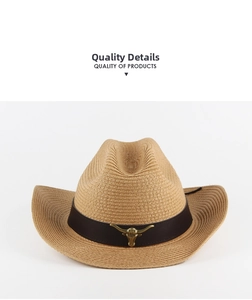 Close-up of woven straw cowboy hat featuring a bronze bull head metal ornament