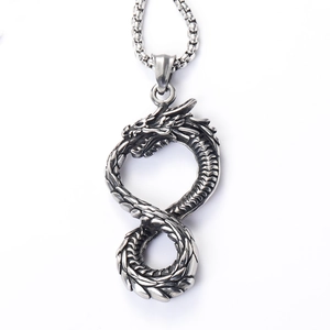 Viking dragon necklace in stainless steel with infinity shape and silver box chain