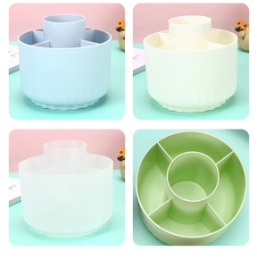 Detailed top view of 360 rotating desktop organizers in four soft pastel colors