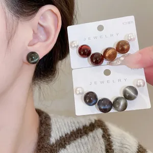 Boucles Oreilles Puces Rondes Avec Tige En Argent Sterling 925 Résine Oeil De Chat Imitation Künstliche Perle Mode Géométrique Femmes