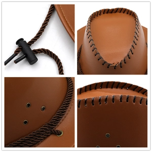 Classic brown faux leather western cowboy hat with adjustable chin strap and stitch details