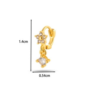 Detailed view of a gold flower earring with round zircon and 1.4cm x 0.54cm measurements