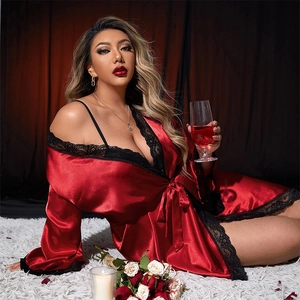 Plus Size Women Red Satin Robe Sexy Black Lace Trim Long Sleeve V-Neck Luxurious Nightgown Elegant Sleepwear