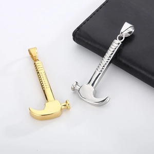 Hip hop style stainless steel hammer pendants in gold and silver finishes on leather
