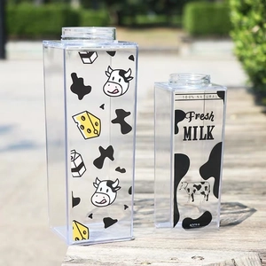 Close-up of 500ml transparent milk carton shaped bottles with cute cow print patterns