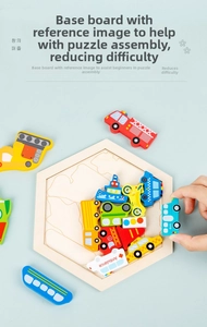 Close-up of wooden transportation puzzle for kids featuring colorful vehicle shapes