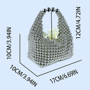 Silver beaded pillow bag with white satin lining and precise dimensions for banquet