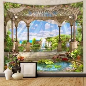 Detailed garden landscape tapestry with domed pavilion and waterfall for room decor