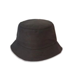 Close-up of black cotton canvas bucket hat showing reinforced stitching on the wide brim