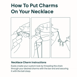 Three-step diagram showing how to attach horseshoe heart charms to a necklace chain