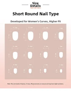 Size guide for 24pcs short round press-on nails showing 12 different width measurements