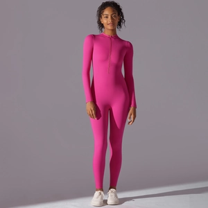 Front zipper detail on rose pink high-stretch long sleeve yoga jumpsuit for fitness