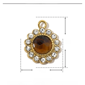 Detail view of 14x12mm stainless steel pendant with brown stone and rhinestones