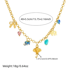 Detail of gold elephant necklace with size specs, 40+5.5cm length and charm dimensions