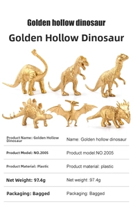 Detailed specs of 6 gold hollow dinosaur figures including T-Rex and Pterosaur
