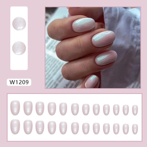 Oval aurora pink press-on nails set with iridescent shimmer finish and 24-piece full coverage
