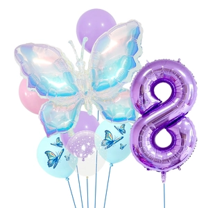 Detail of colorful butterfly balloon set with a purple number 8 for kids birthday party