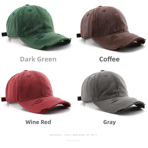 Distressed cotton baseball caps showing ripped details in green, coffee, burgundy and grey