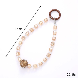 Golden square beads phone lanyard with crystal ball and brown ring, 14cm long 25.5g