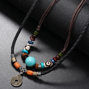 Retro multi-layer beaded leather necklace with turquoise beads and bronze coin pendant