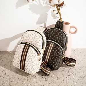 Fashionable PVC printed chest bag with red and green webbing in beige and brown colors