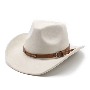 Classic cream felt western cowboy hat featuring a brown faux leather band and silver buckle