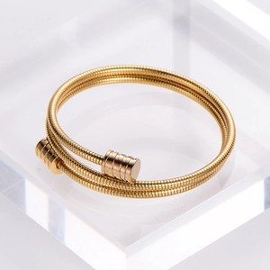 Men's 18k gold plated stainless steel layered cable wire stretch open cuff bracelet