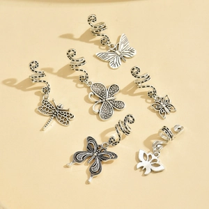 Silver metal hair rings with butterfly and dragonfly charms for dreadlock accessories