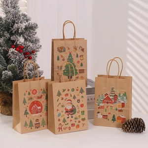 Christmas kraft paper gift bags featuring four festive holiday designs and patterns