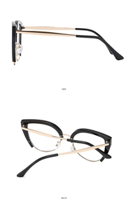 Detailed side and back view of elegant cat-eye glasses frame in black and gold metal