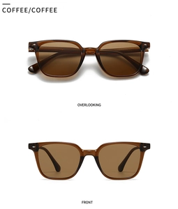 Front and top-down views of translucent coffee brown square frame retro sunglasses