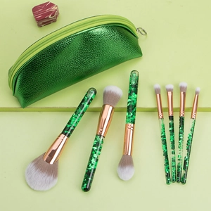 7pcs makeup brush set with green glitter liquid handles and rose gold metallic ferrule