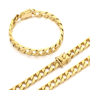 Classic gold Cuban link necklace and bracelet set in stainless steel for men