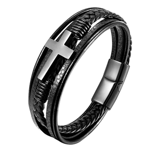 Men's multilayer braided leather bracelet with stainless steel cross and magnetic clasp