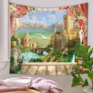 Detailed European castle tapestry with snowy mountains and waterfall in a cozy room