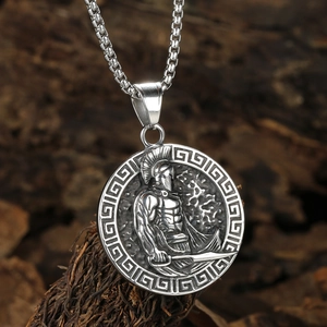 Retro stainless steel Spartan warrior medallion necklace with Greek key pattern border