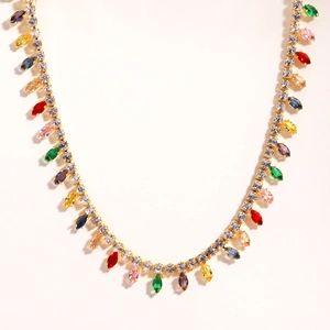 Copper Gold Plated Water Drop Tassel Choker Necklace Colorful Zircon Elegant Fashion Jewelry For Women