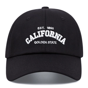 Classic black cotton baseball cap with embroidered California lettering on a white background