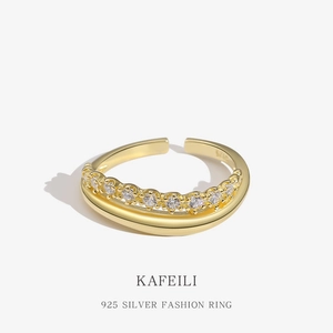 925 Sterling Silver Ring With Cubic Zirconia Double Layer Adjustable Opening Wave Minimalist Jewelry For Women