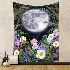 Artistic moon phase and night flower tapestry for bedroom wall hanging decoration