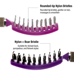 Curved purple hairbrush with boar bristles and nylon pins for scalp massage and styling