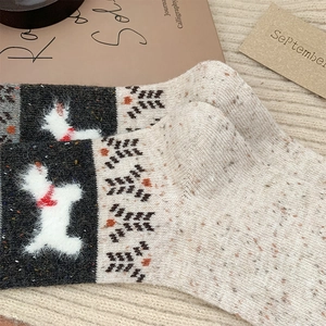 Detailed close-up of wool socks featuring a cute 3D fuzzy dog pattern and vintage knit texture
