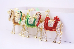 Macro shot of colorful rhinestone camel keychains with detailed enamel and metal rings