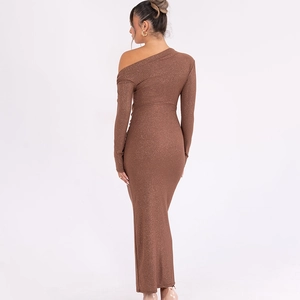 Brown off-shoulder long sleeve maxi dress with shimmering fabric and slim bodycon fit
