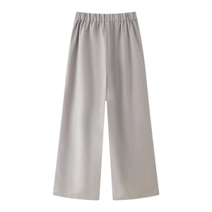 Detail of light grey linen blend wide leg pants with comfortable elastic waistband