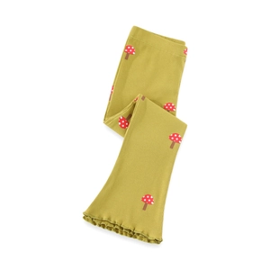 Girls flared leggings with mustard yellow ribbed knit and red mushroom print for spring