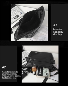 Detailed view of the black messenger bag interior with large capacity and zipper pocket