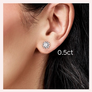 Elegant S925 silver sunflower stud earrings with 0.5ct moissanite stones on model